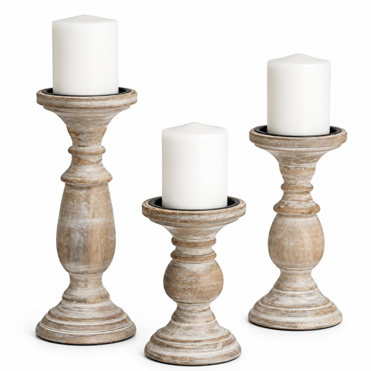 WSH - Set di 3 portacandele in legno per candele a colonna, colonne tornite arrotondate, legno sostenibile, stile country, aromaterapia, decorazione per la casa, 16,8 e 25,4 cm