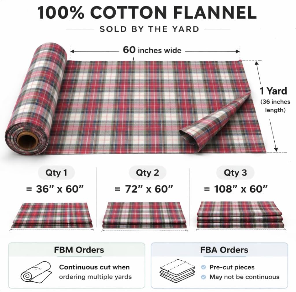 FabricLA Soft Check Flannel Fabric by the Yard | 100% Cotton, Soft Brushed Material for Pajamas, Quilting, Crafts & Baby Blankets – 60” Wide, 2 Yard