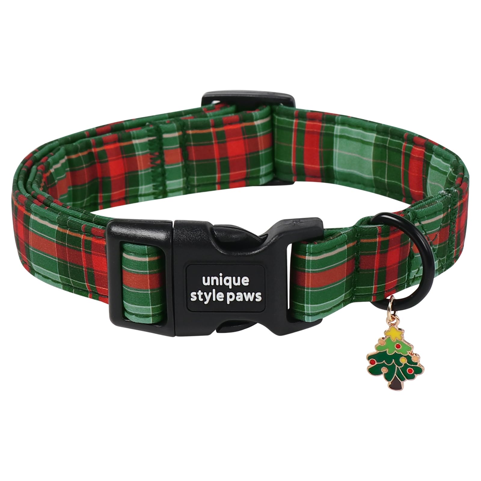 Unique style paws Christmas Dog Collar, Adjustable Cotton Dog Collar with Christmas Tree Charm, Quick Release Buckle, Strong Metal D Ring, Green Tartan Dog Collar for Small Medium Large Dogs — image 1
