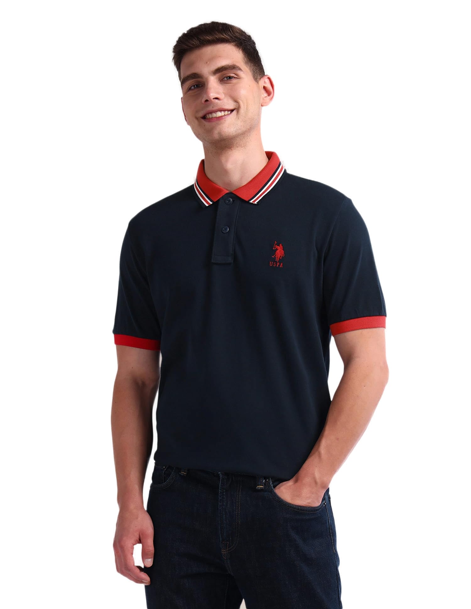 u.s. polo assn. Men's Blue Solid Polo Collar Collared Neck Short Sleeve Casual Cotton Slim Fit Polo Shirt-picture-12
