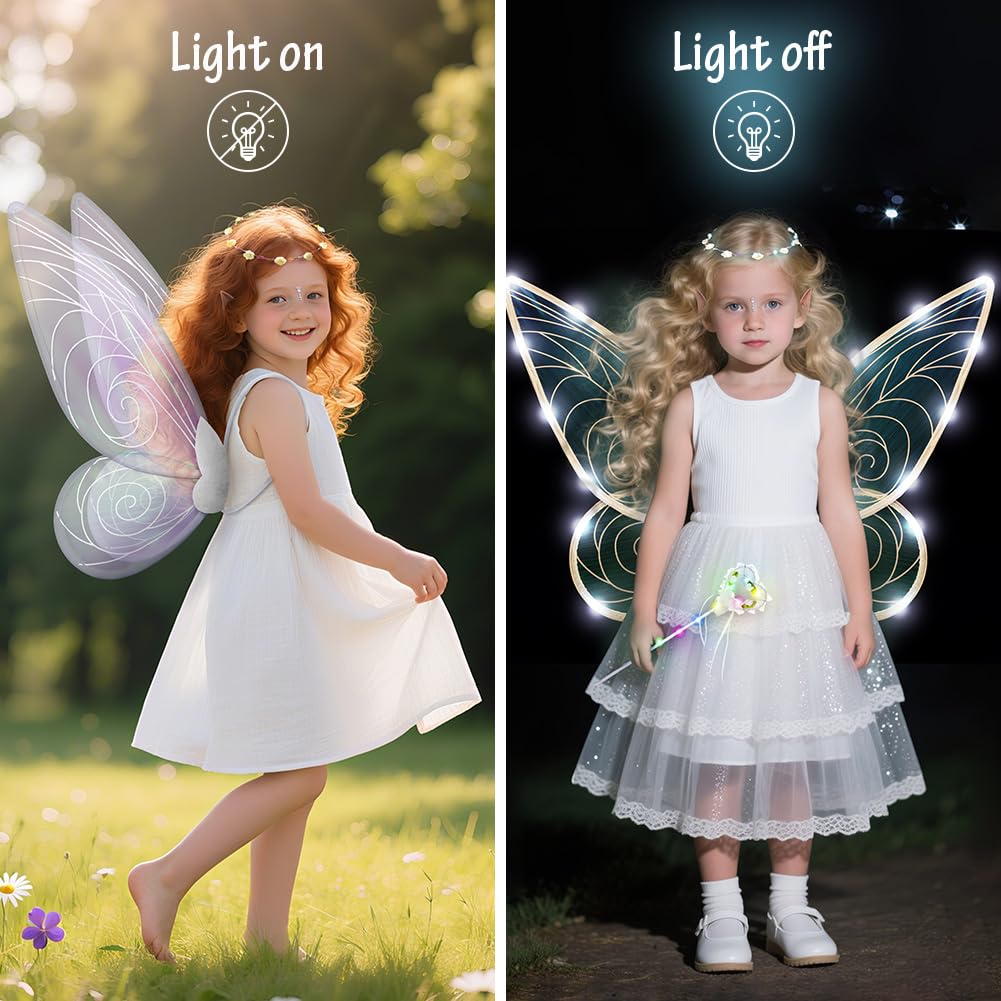 Set De Alas De Hada LED Con Luces – 5 Piezas: Alas, Diadema, Orejas De Elfo, Varita Y Pegatinas, Para Disfraces Y Fiestas