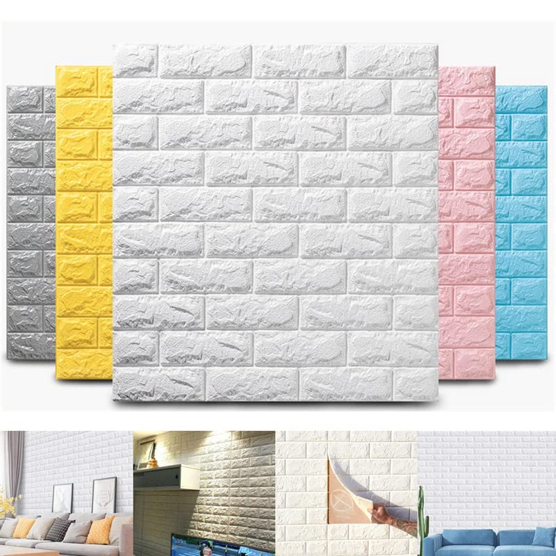 Image of GLUN 3D White Brick Wallpaper Self Adhesive for Wall PE Foam Wall Stickers DIY Wall Decor (70 x 77cm, Appx. 5.8Sq Feet) Pack of 20