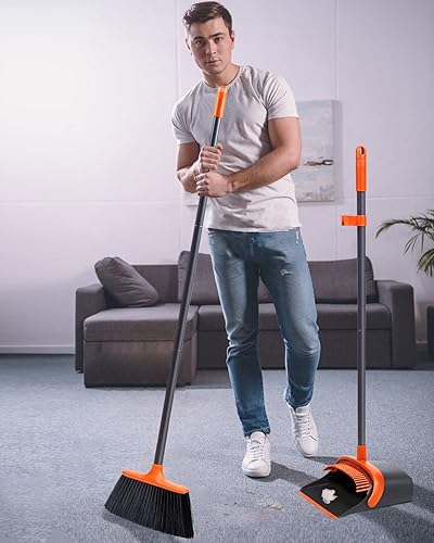 Miniatura 7 de Juego de escoba y recogedor, juego de escoba y recogedor para el hogar, juego mejorado de escoba y recogedor de mango largo de 52 pulgadas, juego de