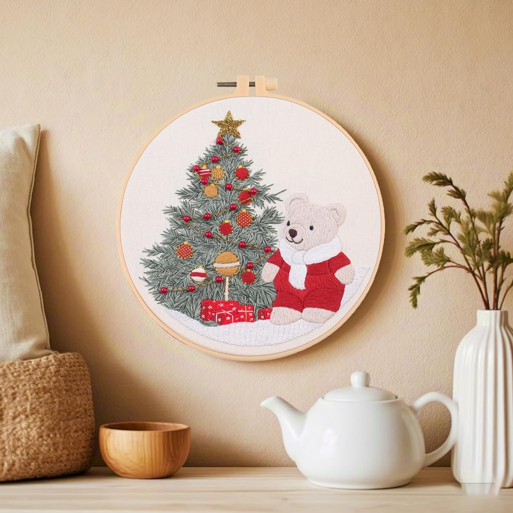artcici Embroidery Kits Christmas Tree Bear Patterns for Beginners Adults, Full Range Embroidery Starter Kits Cross Stitch Needlework Supplies (Beige) image 4