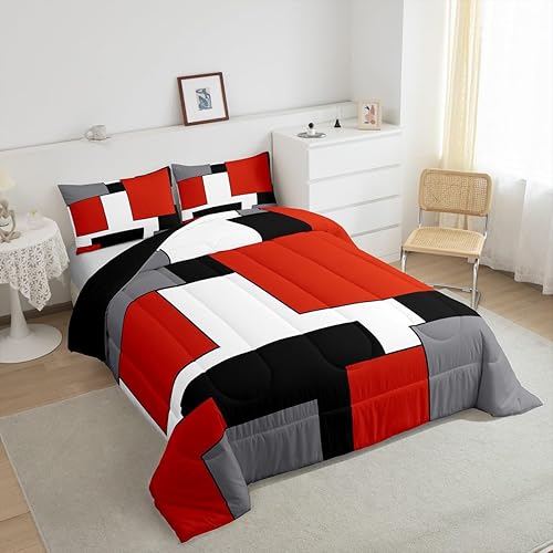 Miniatura 4 de Erosebridal Juego de ropa de cama de color rojo, gris, blanco y negro, juego de edredón geométrico cuadrado para adolescentes, tamaño King, edredón