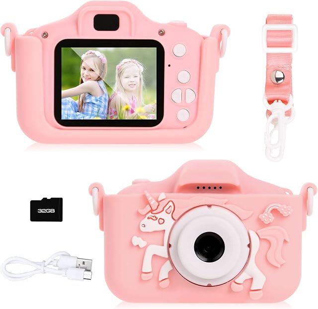 Ainiv Kids Camera, Kids Selfie Camera with Unicorn Silicone Cover, Digital Camera with Photo Stickers and Puzzle Games, Boys and Girls Gifts, with 32GB SD Card, IPS Screen 1080P Video Camcorder-Pink