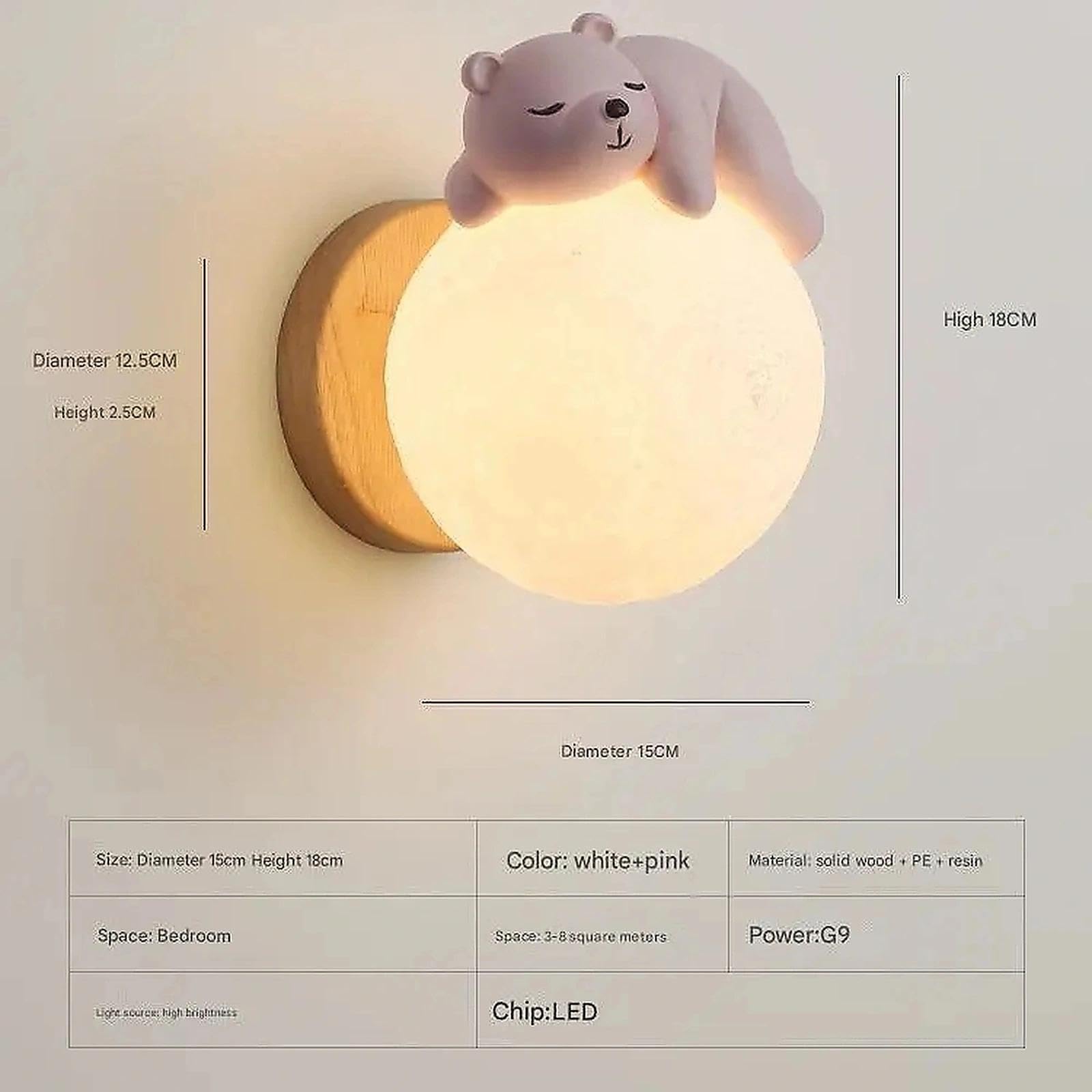 Generico Lampada luna applique da parete LED moderna creativa per cameretta bambini e camera da letto, luce da parete interno con design nordico dimmerabile (Bear)