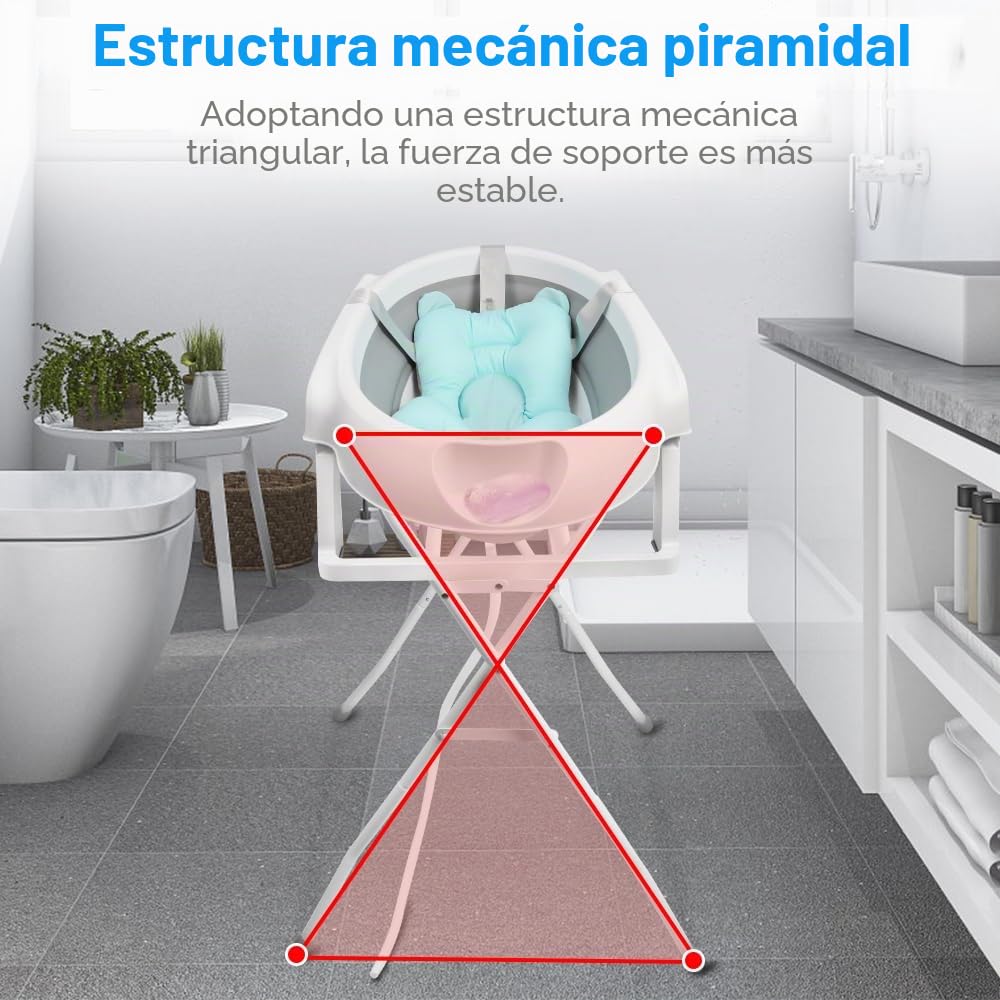 Bañera para bebé con soporte de 84,5 cm, bañera de bebe sobre pie, segura y cómoda, cuenca plegable para bebe con termómetro y cojín de baño (63 x 60 x 84,5 cm, gris)