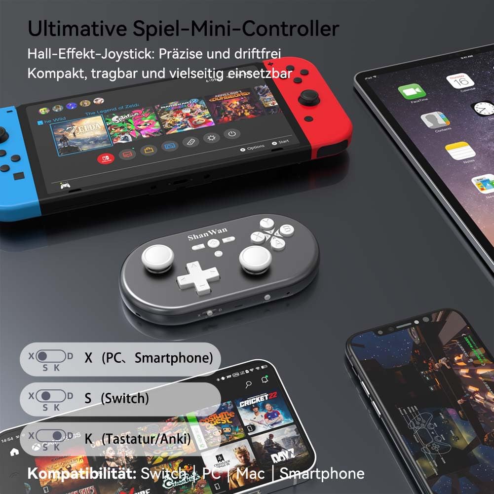 ShanWan Mini manette sans fil pour Switch, PC, iOS, Android, prend en charge le mode clavier pour iPad Procreate (argent)