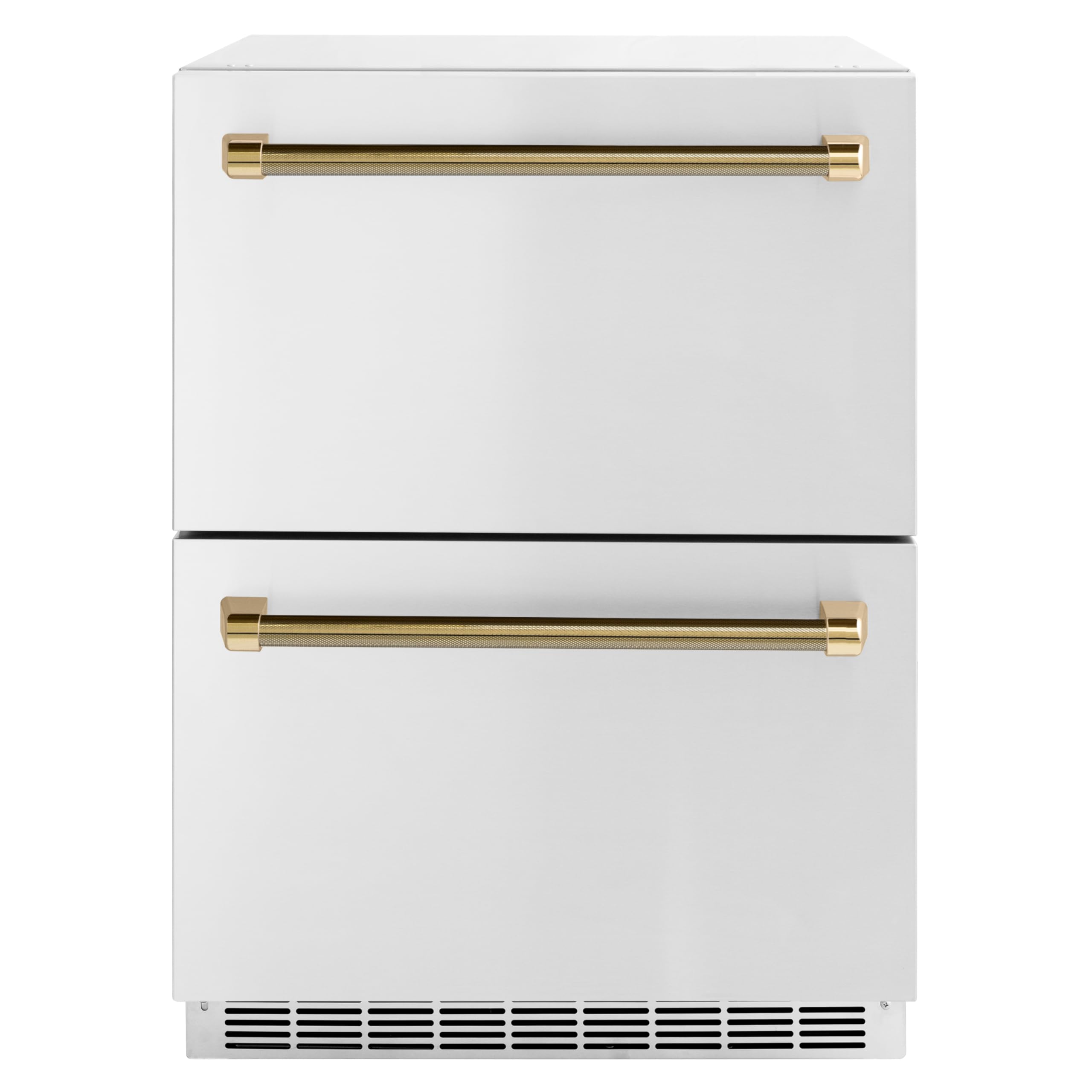ZLINE Autograph Edition 24 in. Touchstone 168 Can Outdoor-Rated Dual Refrigerator Drawer with Stainless Steel Doors and Polished Gold Helix Handles (RDSOZ-ST-24-KG)