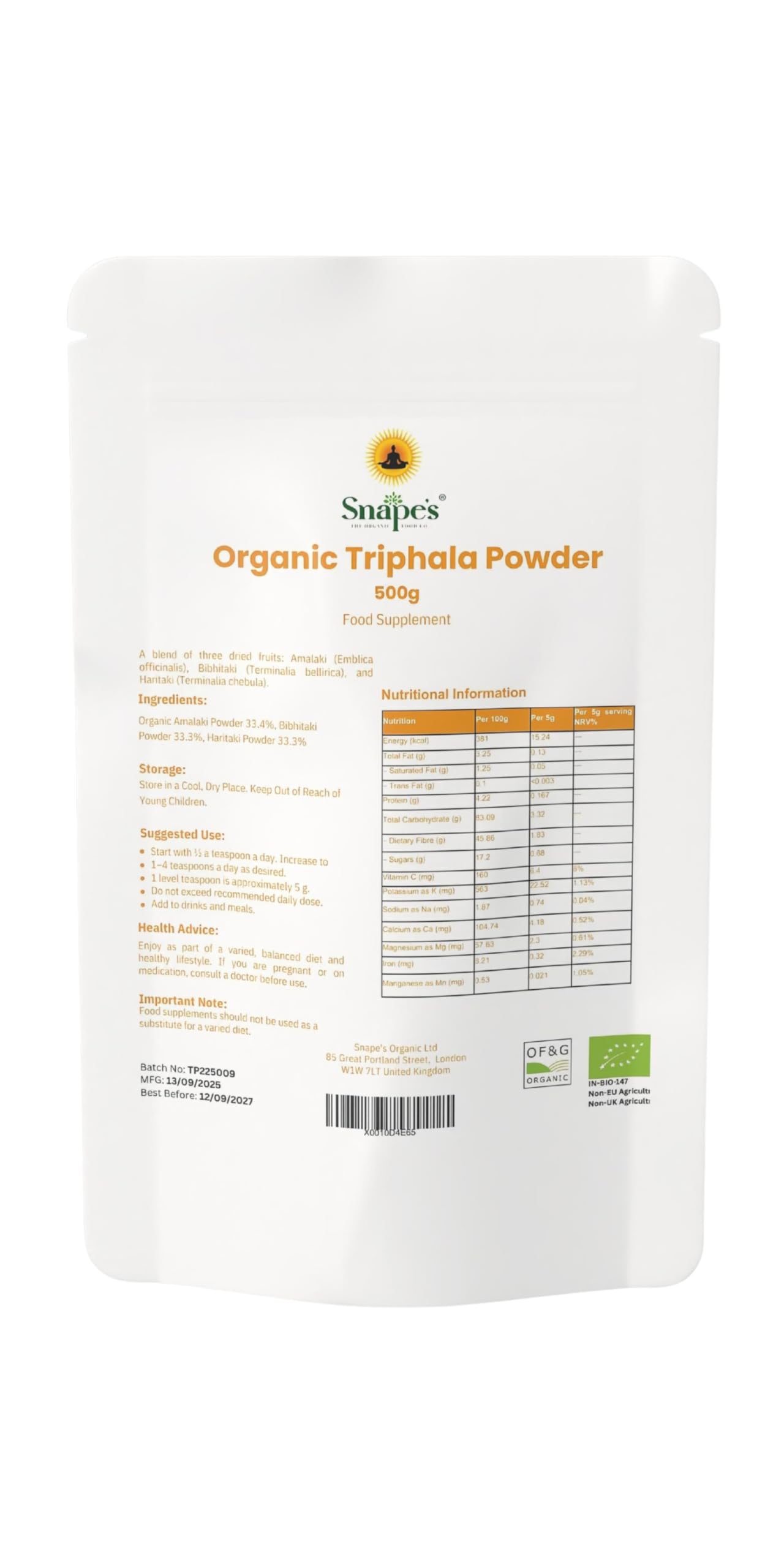 Snape's Organic Triphala Powder - 500 Grams - Gut Health, Digestion, Constipation Relief, Cleanse, Certified OrganicSoil AssociationSoil AssociationSoil Association