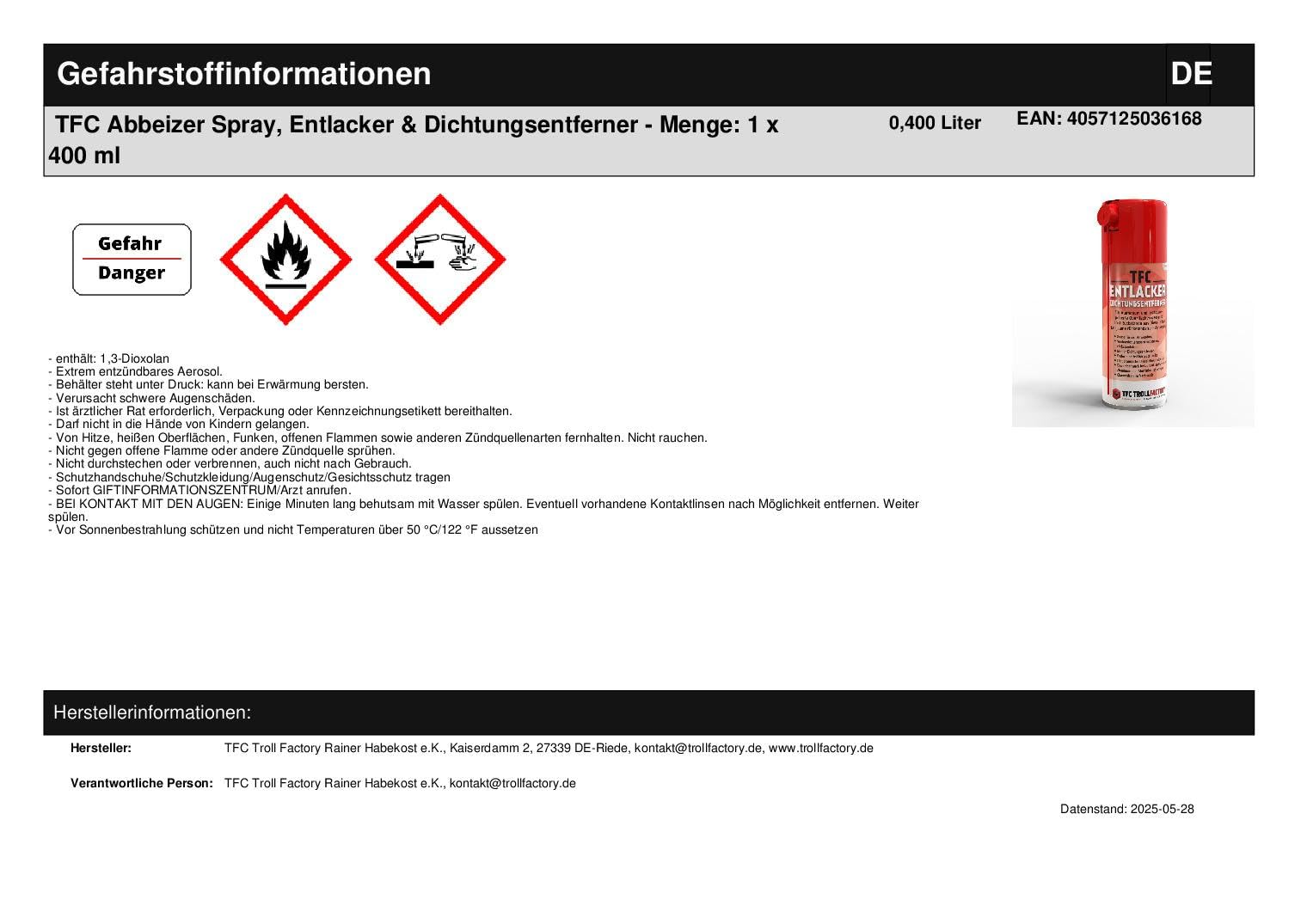 TFC Abbeizer Spray I 400 ml - Entlacker & Dichtungsentferner I Kraftvolle Entfernung von Lack, Klebstoff, Öl und Bitumen I geeignet für Metall, Holz, Keramik und Glas, PE & PP