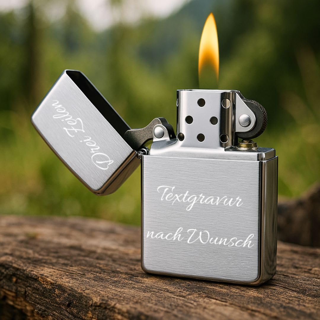 Personalisiertes Feuerzeug mit Gravur, hergestellt mit Zippo Sturmfeuerzeug Chrome Brushed, Geschenkidee für Männer, Papa, Freund (3 Zeilen Text)
