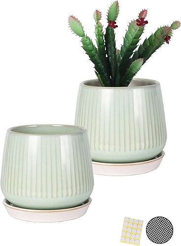 Miniatura 11 de TAMAYKIM 4.25 + 5.5 + 7 Inch Ceramic Plant Pots with Drainage Holes and Saucers, Small to Large Planter Sets for Plants, Succulent, Cactus and Green