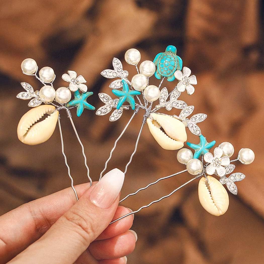 IYOU Starfish Bridal Wedding Hair Pins Seashell Silver Hair Piece Pearl Flower Communion Bridesmaid Hair Accessories for Women(Pack of 3)