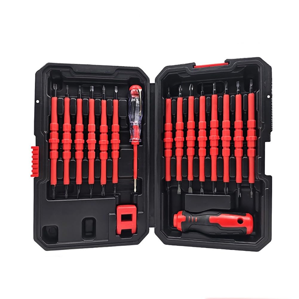 EasyByMall Juego de destornilladores aislados 31 en 1 con probador de voltaje, kit de herramientas de electricista para puntas de estrella hexagonales cruzadas, magnetizador, mango antideslizante