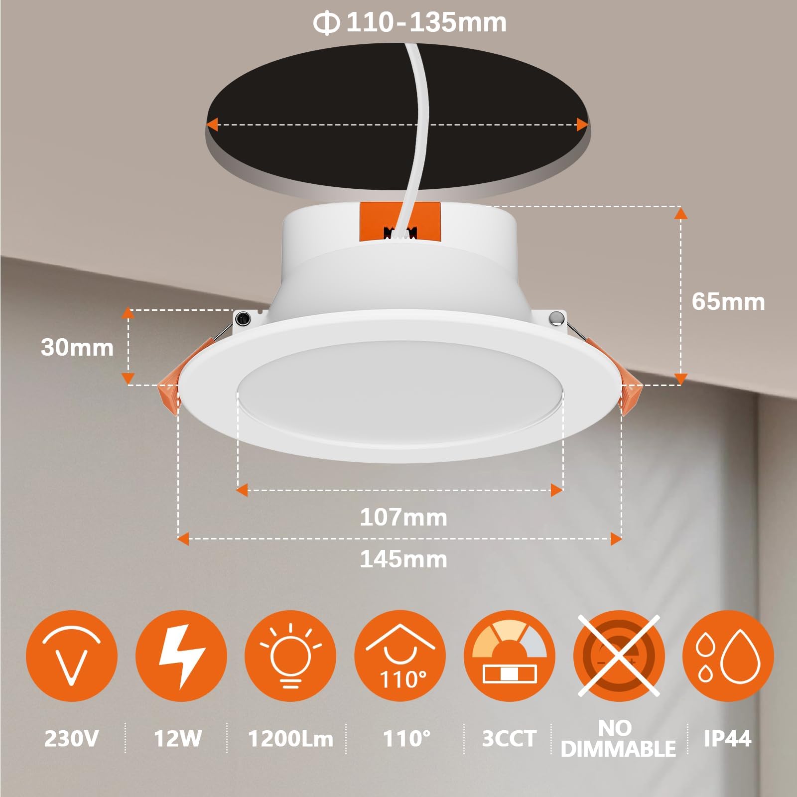 ENUOTEK Lampe Plafond Spot Encastrable Sol LED Plafonnier Extra Plat Blanc 12W 1100Lm IP44 CCT Ajustable pour Salle de Bain Cuisine Diamètre du Trou 110-135MM Lot de 1 de