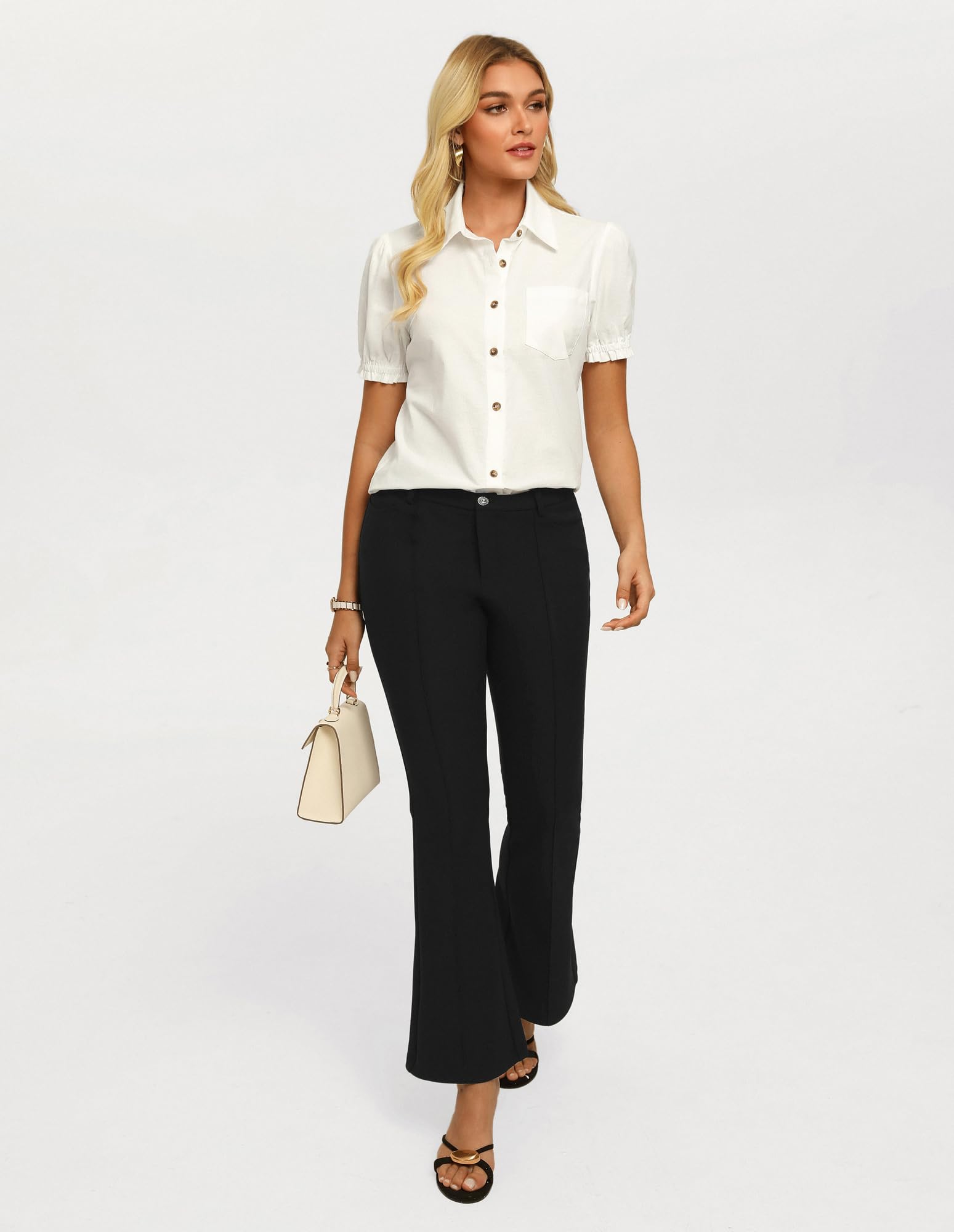 GRACE KARIN Blusa de lino para mujer, de verano, elegante, de manga corta, con botones, informal, de muselina, suelta, de algodón, túnica