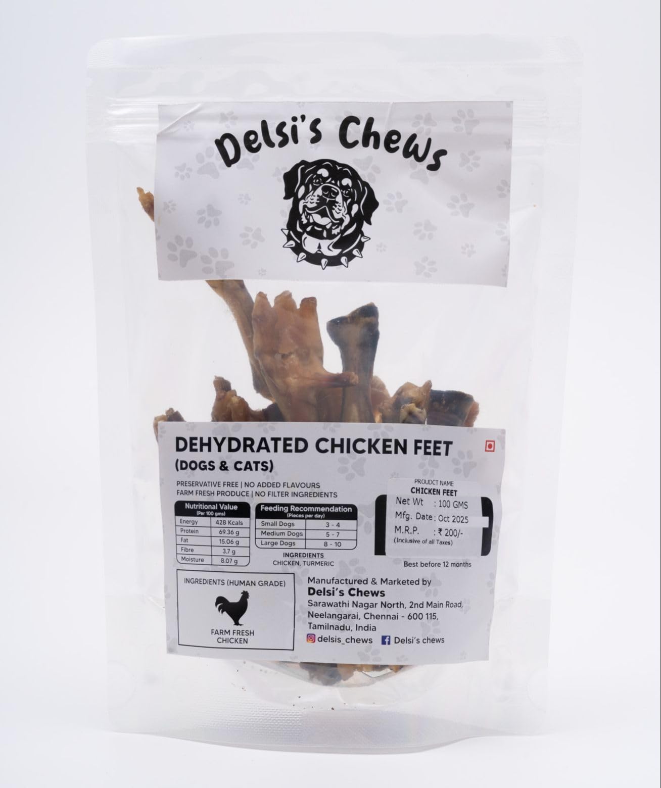Delsi Chews Natural Chews Dehydrated Chicken Feet Dog Treats-150gm Gram, Adult, Dried