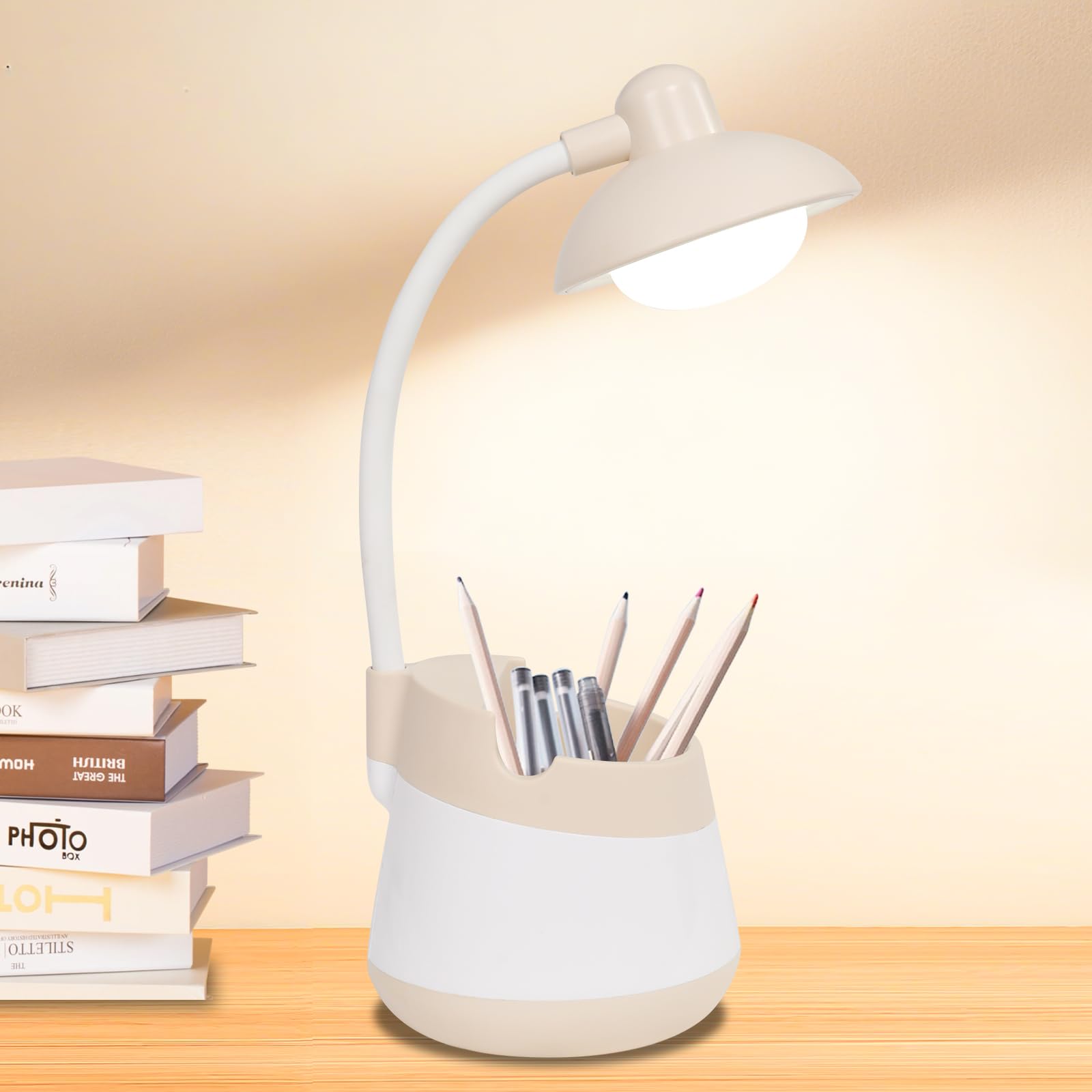 Vipsuh USB LED Desk Lamp with Phone Holder Pen Stand Flexible Gooseneck Rechargeable Battery for Office Study Bedroom