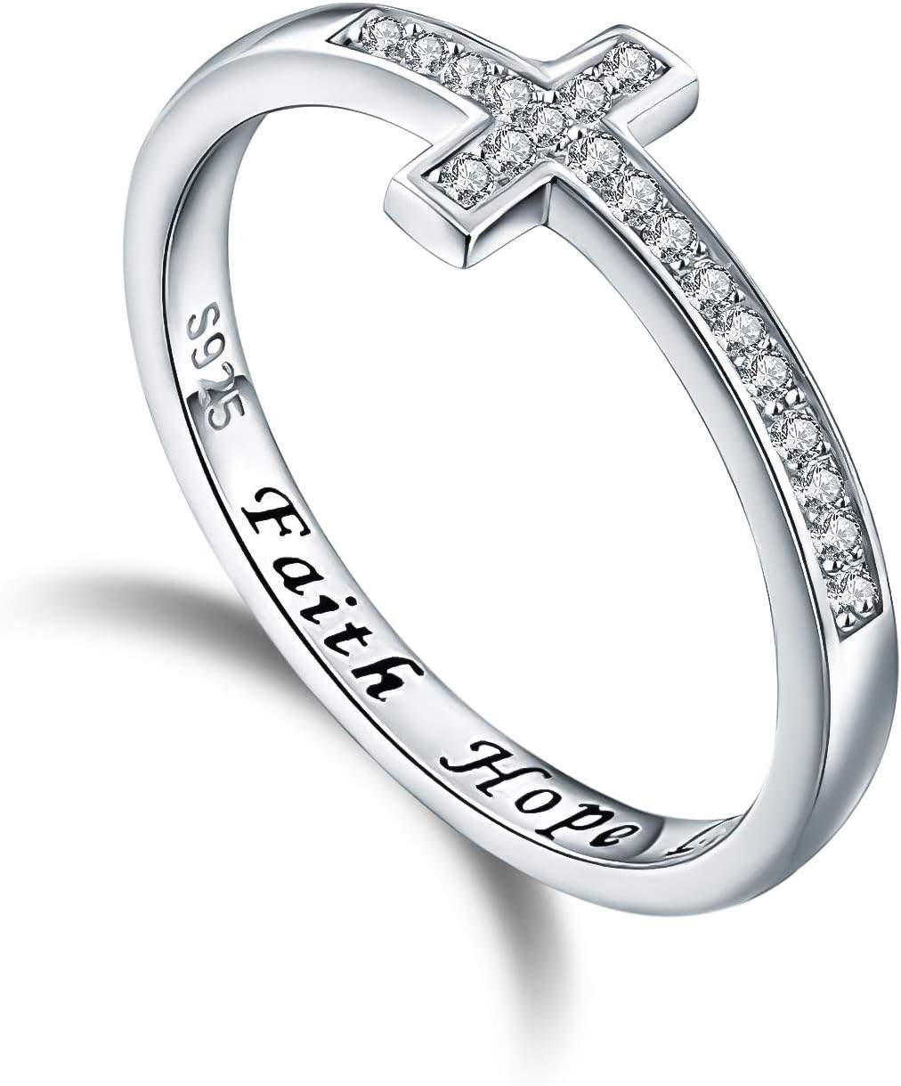 Inspirational Jewelry S925 Sterling Silver Faith Hope Love Ring for Women Girls Sideways Cross Rings Size 5-10，Stackable Rings CZ Simulated Diamond Eternity Bands Engagement Wedding Bands
