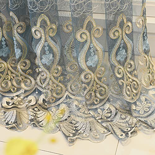 Amidoudou 1 Pair European Jacquard Sheer Curtains Embroidered Tulle Curtains Living Room Bedroom Luxury Translucent Window Screening (Blue Grey,51x108 Inch)