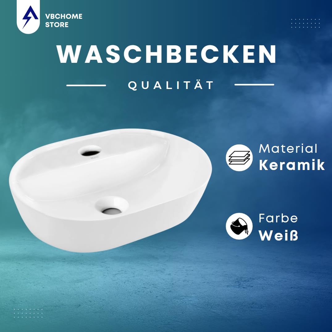 VBChome Lavabo 42 x 30 cm en céramique blanche ovale avec trou pour robinet, lavabo de pose, lavabo de salle de bain en céramique