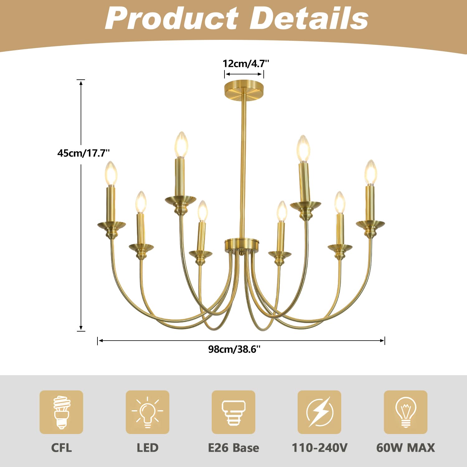 Snapklik.com : Lighting 8 Light Gold Chandelier Farmhouse Candle ...