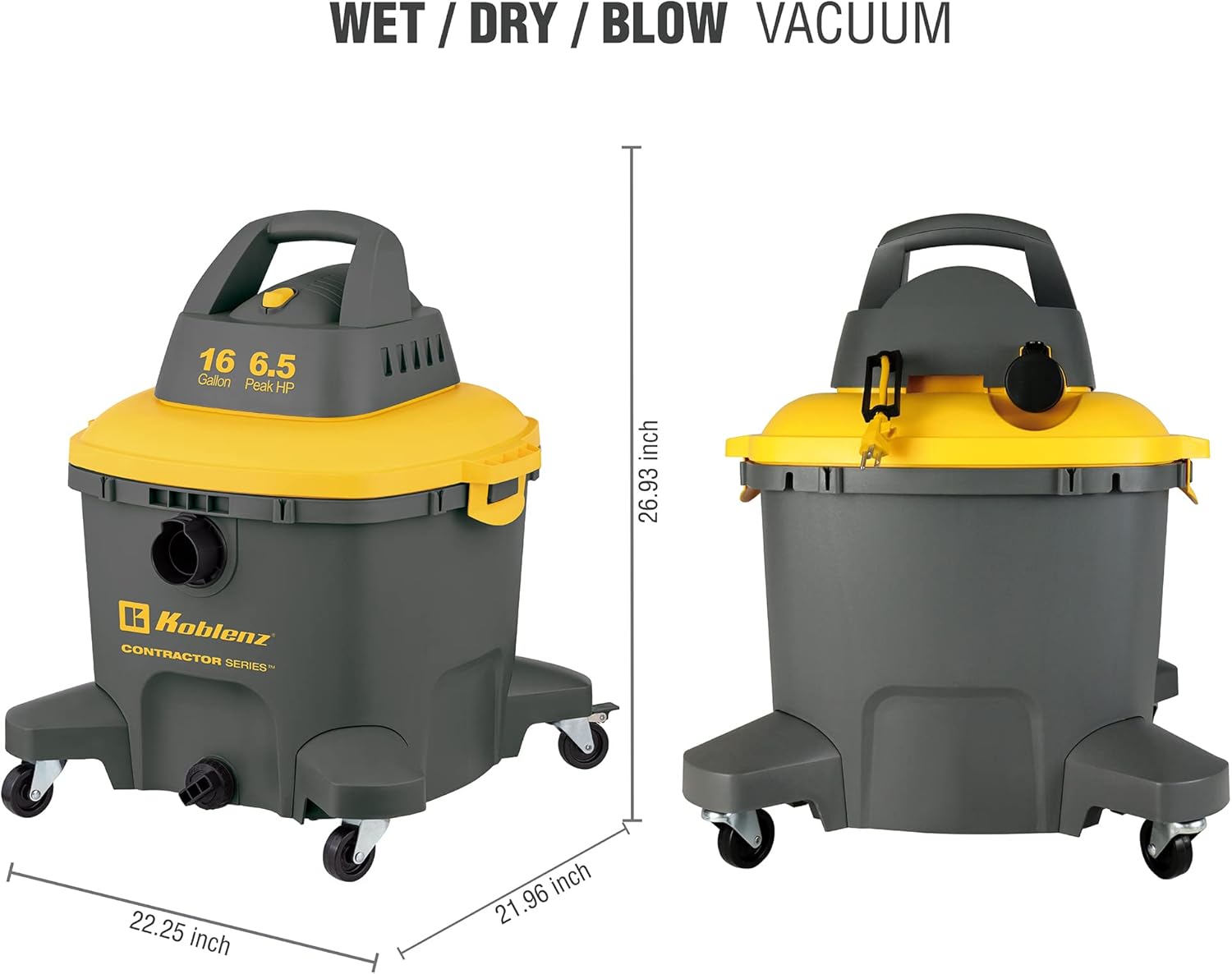 Koblenz Contractor Series - PRO Wet/Dry Vac, 16 Gallon 6.5 Peak HP Jobsite Shop Vac, 2-1/2 in Crush-Proof Locking Hose, 35 Ft Grounded Jobsite Cord, (WD-16 C4)