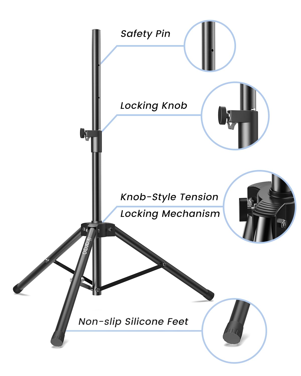Ikarao Supporto per Altoparlanti regolabile 91-119 cm, Treppiede robusto in acciaio al carbonio, innesto 35 mm, portata 30 kg, per macchina karaoke, PA, DJ e feste, Nero