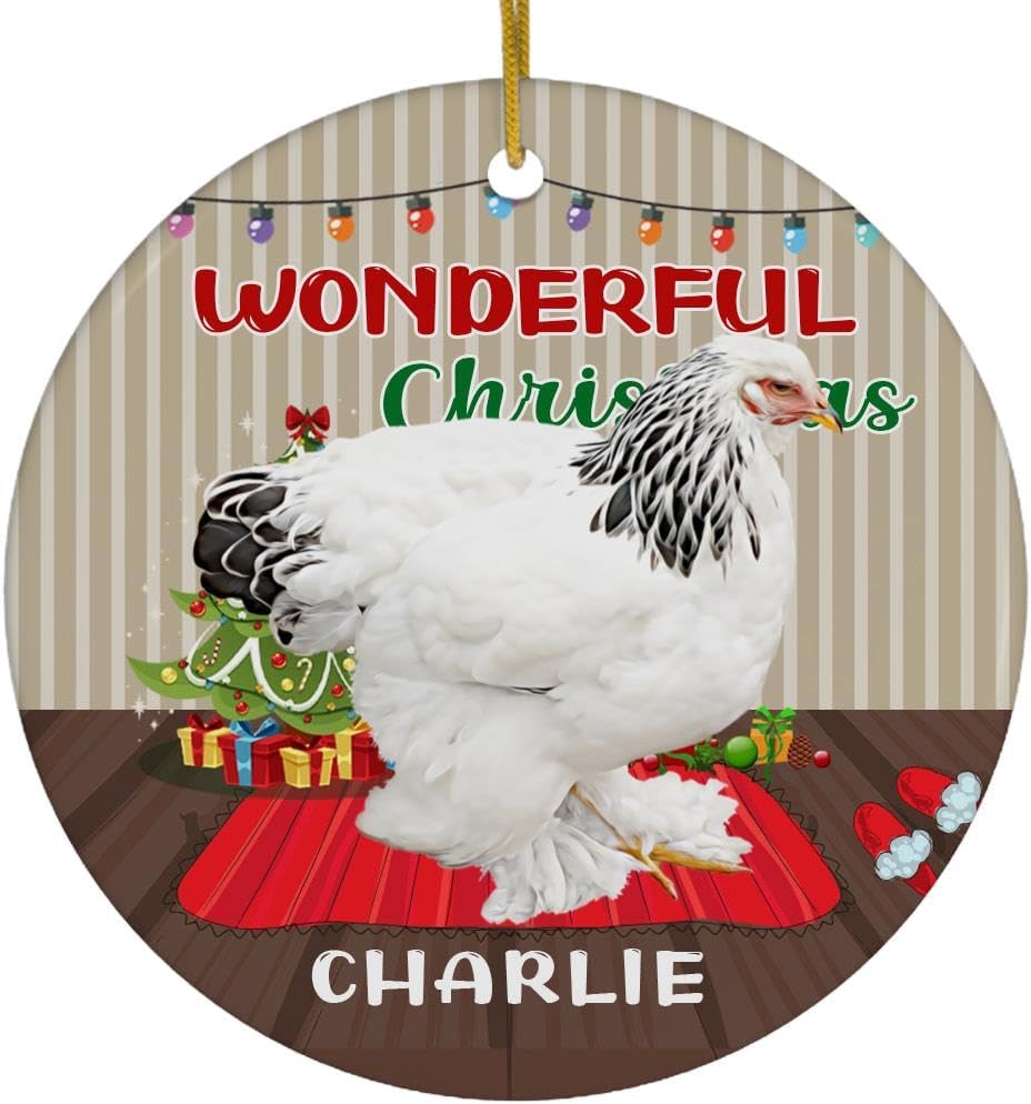 Personalized White Light Brahma Chicken Hen Wonderful Christmas Ornament Circle Ceramic - Custom Name Pet Portrait Tree Decoration - Gifts for Chicken Lovers