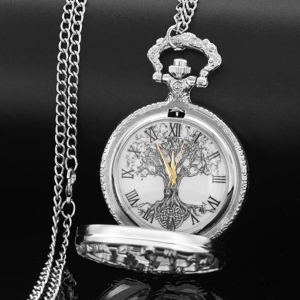 Van Gogh Montre de poche à quartz avec chiffres romains et lune étoilés et boîtier argenté pour homme et femme (avec sac cadeau)