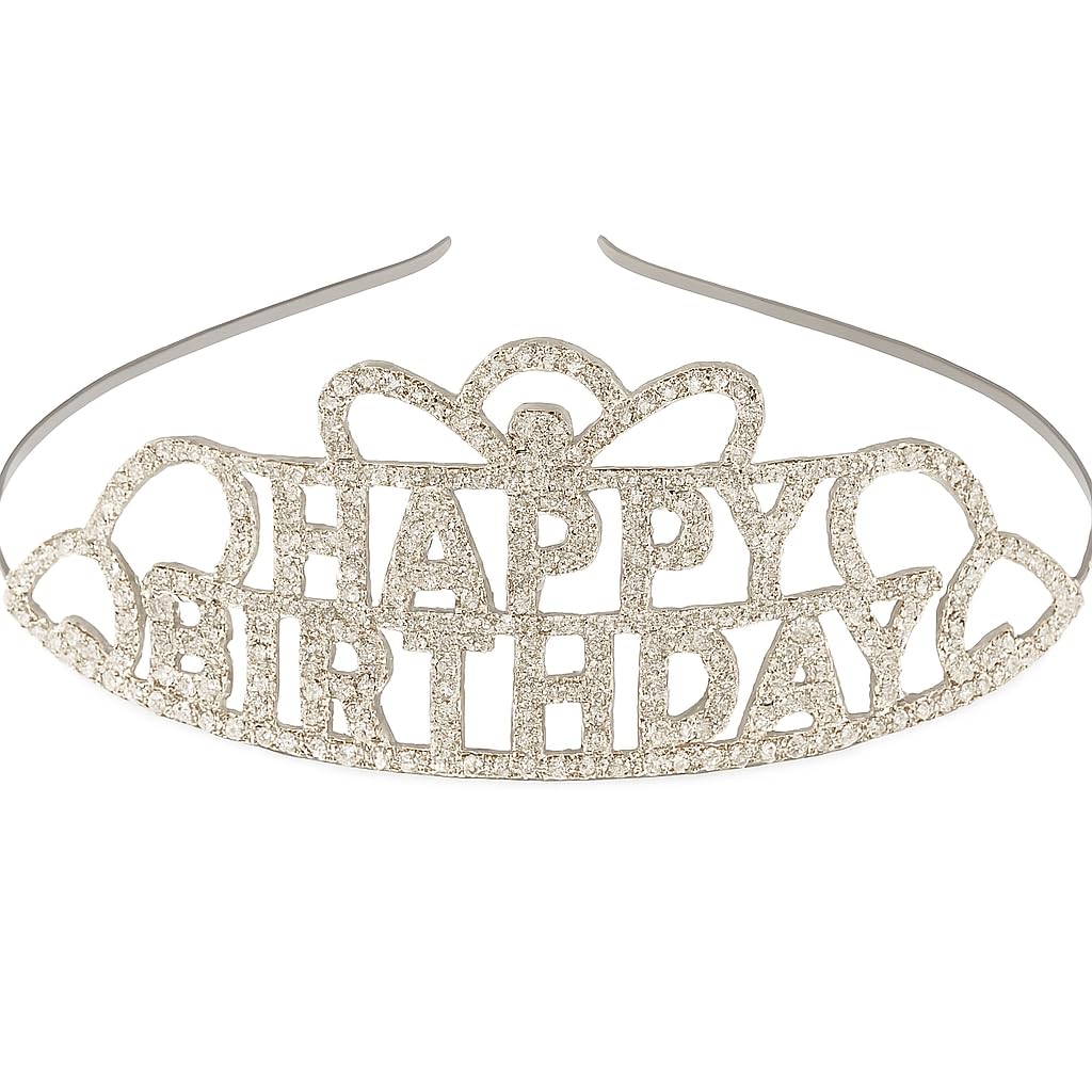 Bunita Silver Polish Finish "Sparkling 'Happy Birthday' Tiara for Girls – Rhinestone Crown Party Accessory with Heart Design – Ideal for Birthday Celebrations & Gifting"