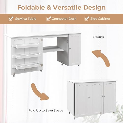 Miniatura 6 de COSTWAY Mesa para máquina de coser, mesa plegable de estación de manualidades de 62.5 x 20 pulgadas con ruedas bloqueables, estantes de