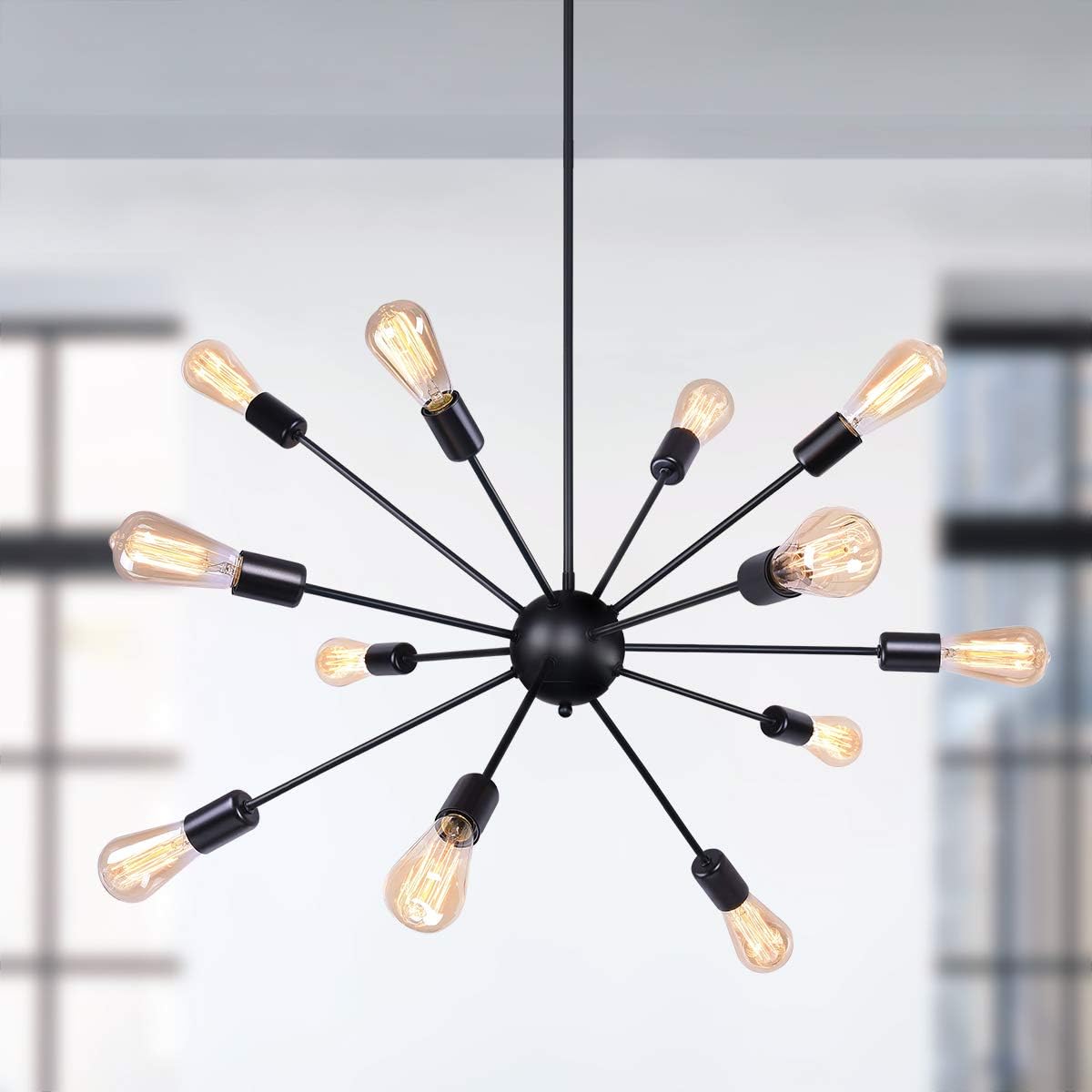 Merbotin 12 Lights Black Sputnik Chandeliers Mid Century Semi Flush Mount Ceiling Light Modren Hanging Lighting Fixture for Dining Room Kitchen Island Living Room Bedroom, Black: Home Improvement