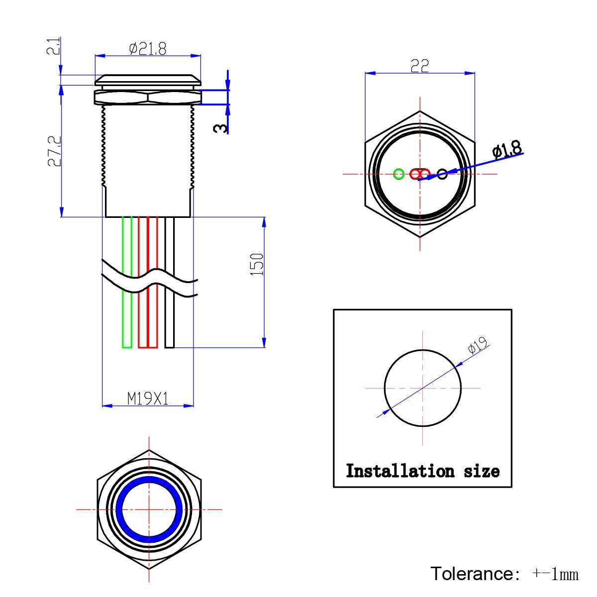 Touch Switch UT19T1 Stepless Dimming Switch DC 6V to 24V Blue LED Suitable for 19mm 3/4" Mounting Hole