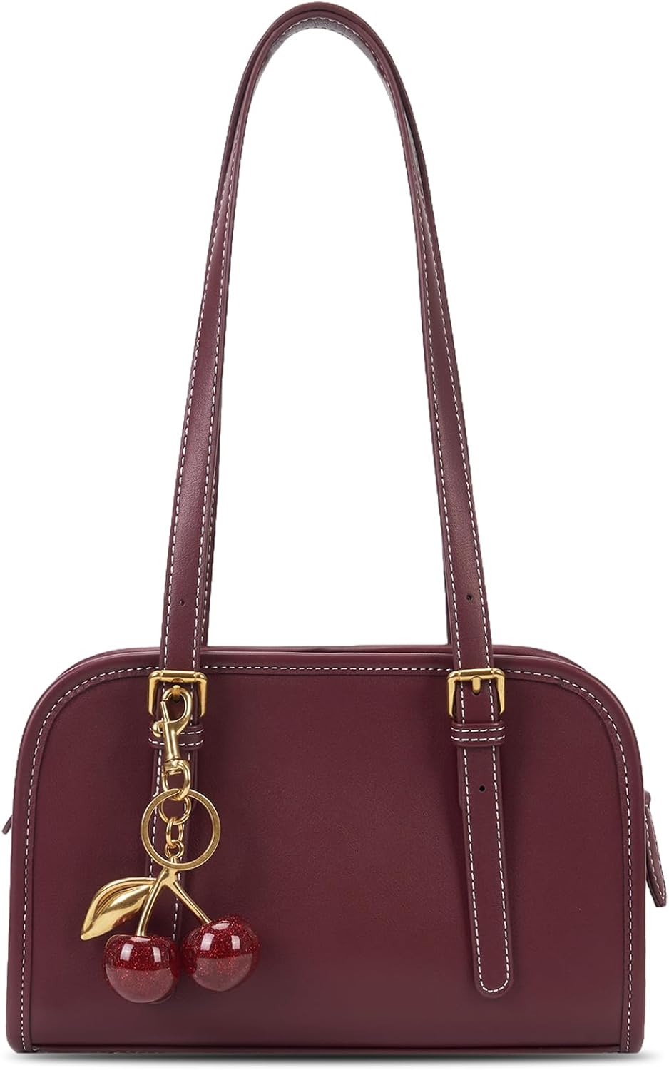 Shoulder Bag Red Purse for Women Leather Swing Bag Zip Handbag Burgundy Purse with Cherry Pendant