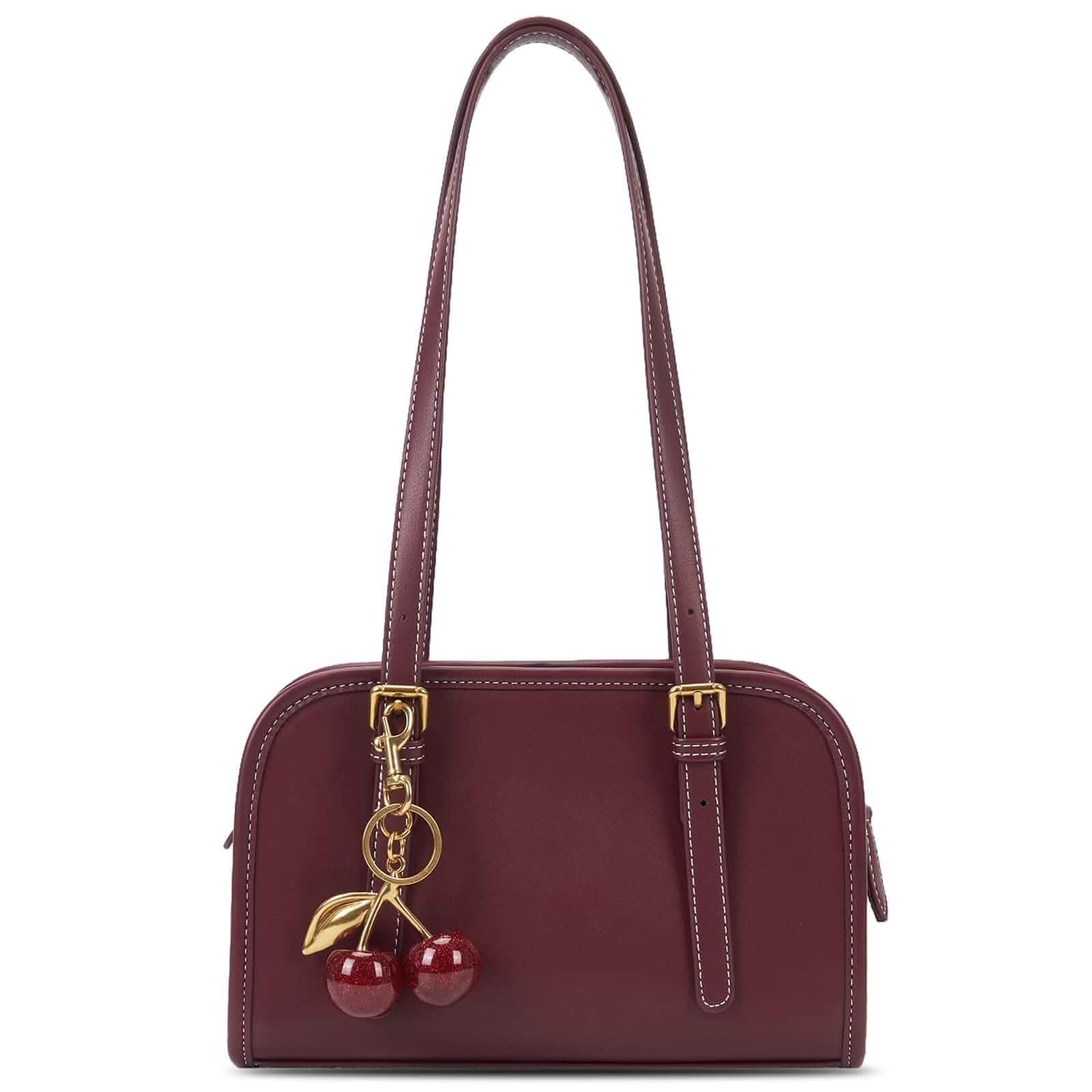 Shoulder Bag Red Purse for Women Leather Swing Bag Zip Handbag Burgundy Purse with Cherry Pendant
