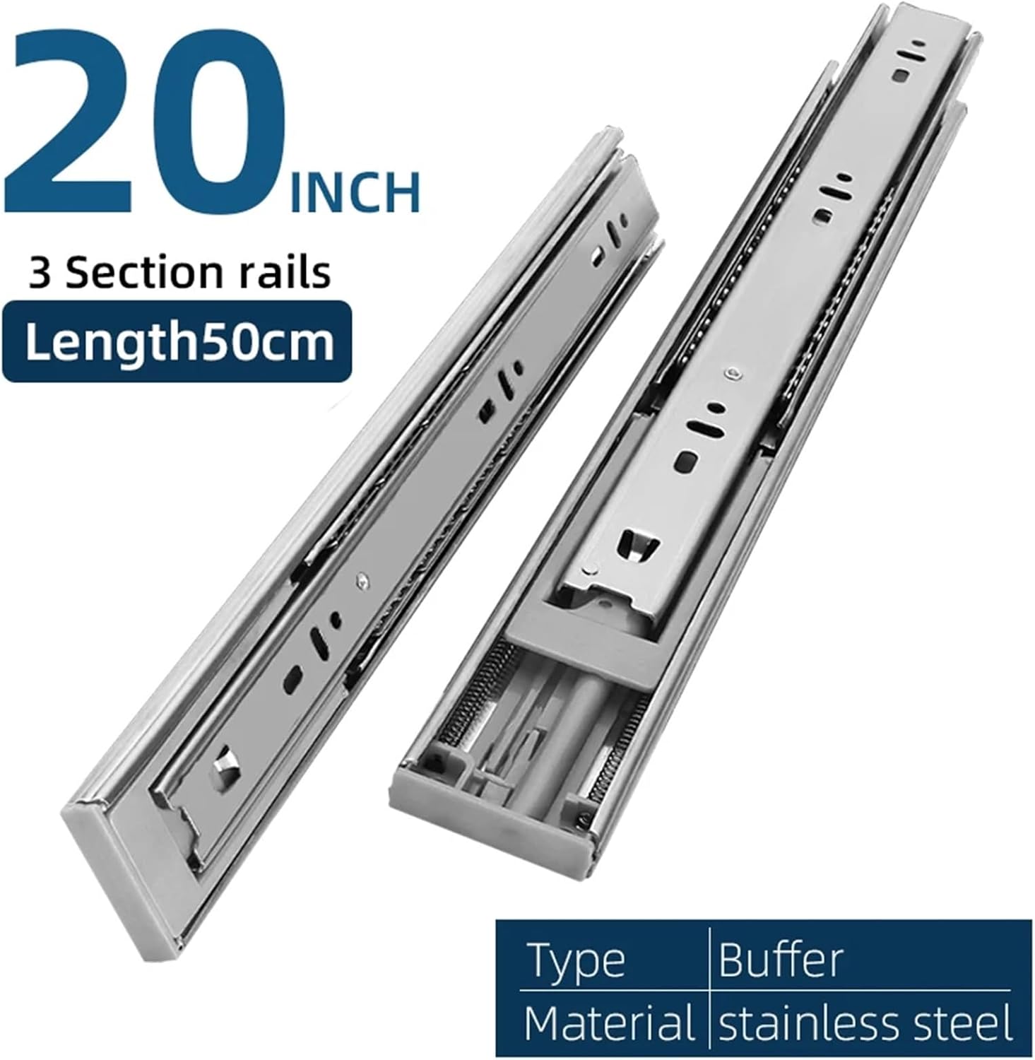 Heavy Duty Drawer Slides 10-22" Three Section Stainless Steel Drawer Slides Cushioned Silent Furniture Hardware(Buffer 20inch 50cm)