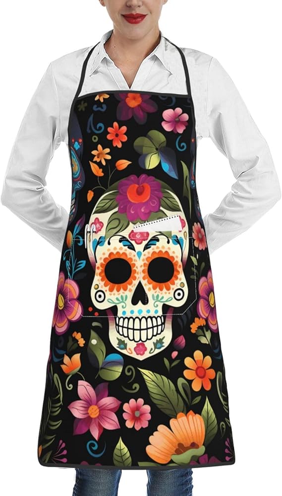Day Of The Dead Apron with Pockets for Chef Cooking BBQ Gardening Sugar Skull Flower Bib Apron for Women Men Gifts