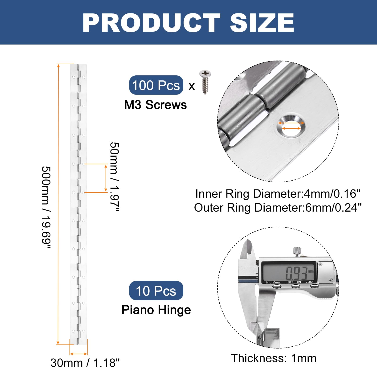 PATIKIL 20x1.2 Inch Piano Hinge,10 Pcs 304 Stainless Steel Continuous Hinge with Holes for Piano Gate Door Wooden Storage Box Cabinet Boat,Silver - Image 2