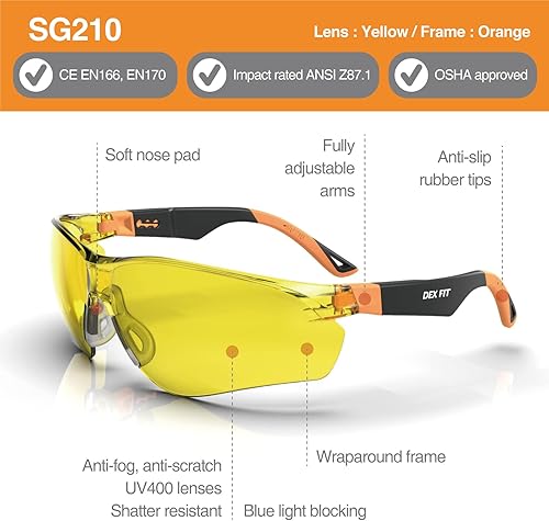 Miniatura 50 de DEX FIT Gafas de seguridad SG210, Z87, protección ocular, 3X antivaho y resistentes a los arañazos, ajustables para mujeres y hombres, protección UV