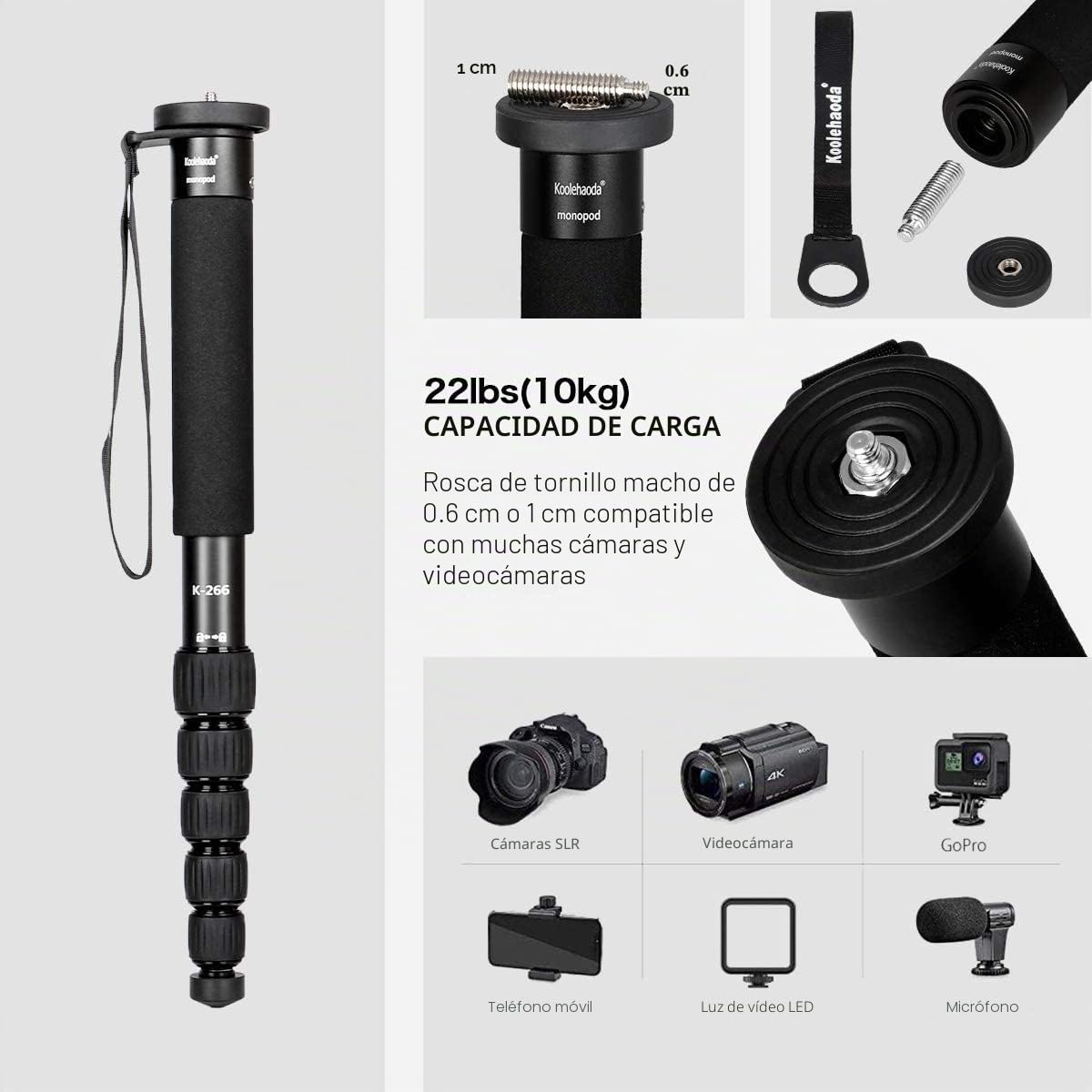 Koolehaoda Monopod de 6 Secciones, Compacto, portátil, para fotografía, Unipod Stick de aleación de Aluminio, Carga máxima de 10 kg, el tamaño Plegable es de Solo 38 cm (Negro)