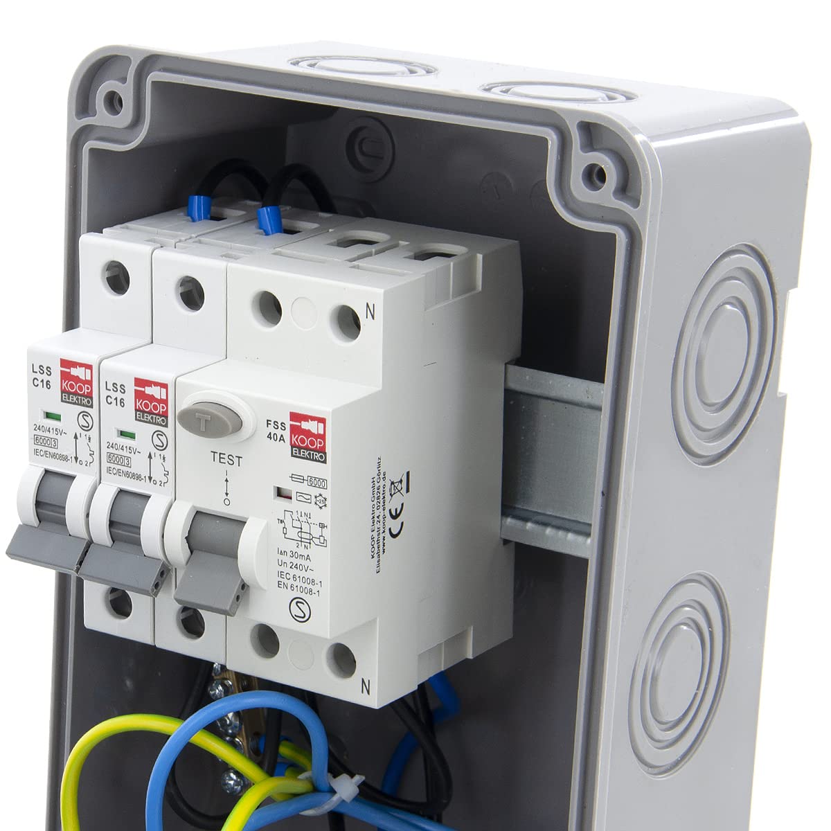 ELS Elektrotechnika Distribuidor de enchufes Schuko 2 x 230 V + fusibles, 2 x LS C16 + FI40, cable y listo para conectar, para interiores y exteriores, IP54