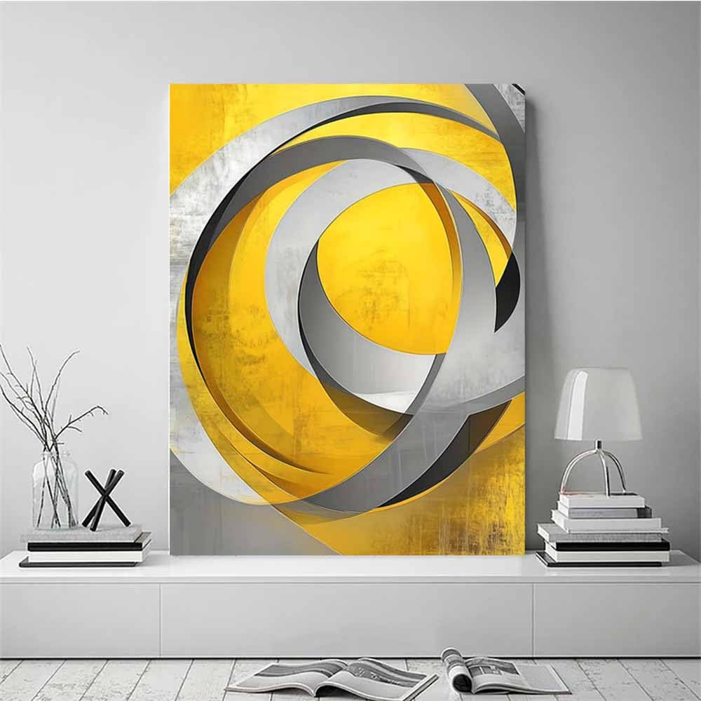 QUSAAOU Wandkunst Gelb Grau Metallische Kreis Ringe Modern Rahmen Wohnzimmer Dekoration Moderne Minimalistische Leinwandbilder FüR Esszimmer KüChe Heimdekoration(Yellow)-30x45cm Gerahmt