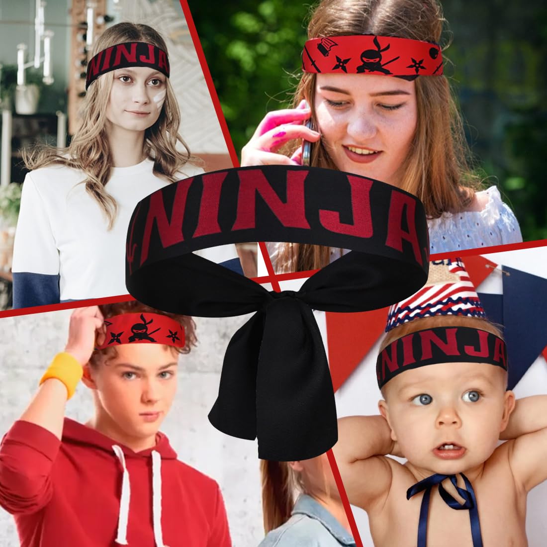Ninja fasce per capelli, 10 pezzi, colore rosso, nero, per feste di karate, per bambini, per compleanni, karate, decorazioni per tartarughe