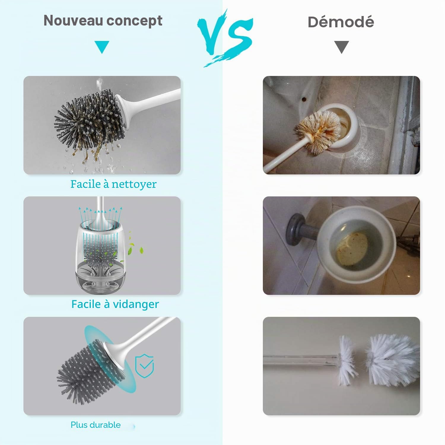 Brosse WC, Brosse de Toilette en Silicone, EWEIMA Balayette WC en Silicone Antibactérienne à Séchage Rapide, Brosse Toilettes à Manche Long, Montage Mural/au Sol
