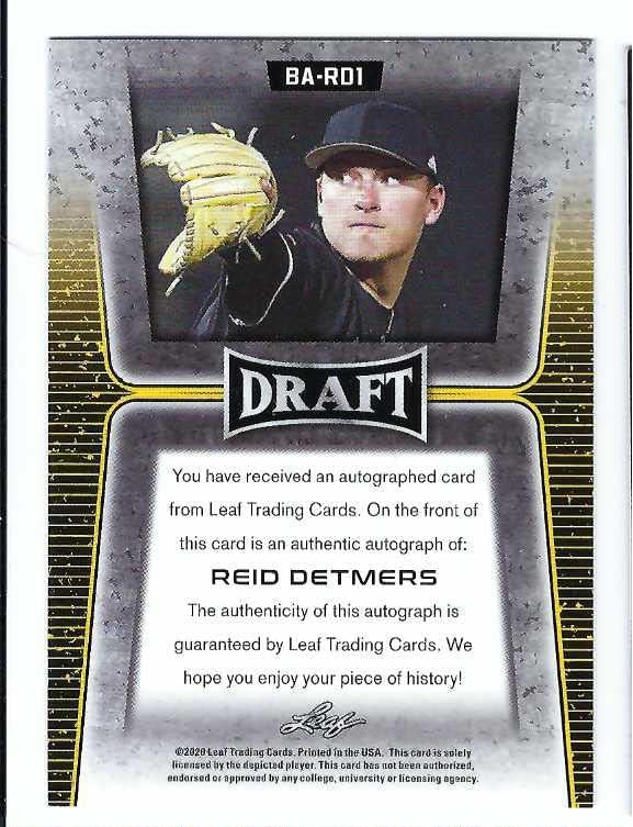 REID DETMERS 2020 Leaf Draft #BA-RD1 AUTOGRAPH Rookie Baseball Card RC Los Angeles Angels