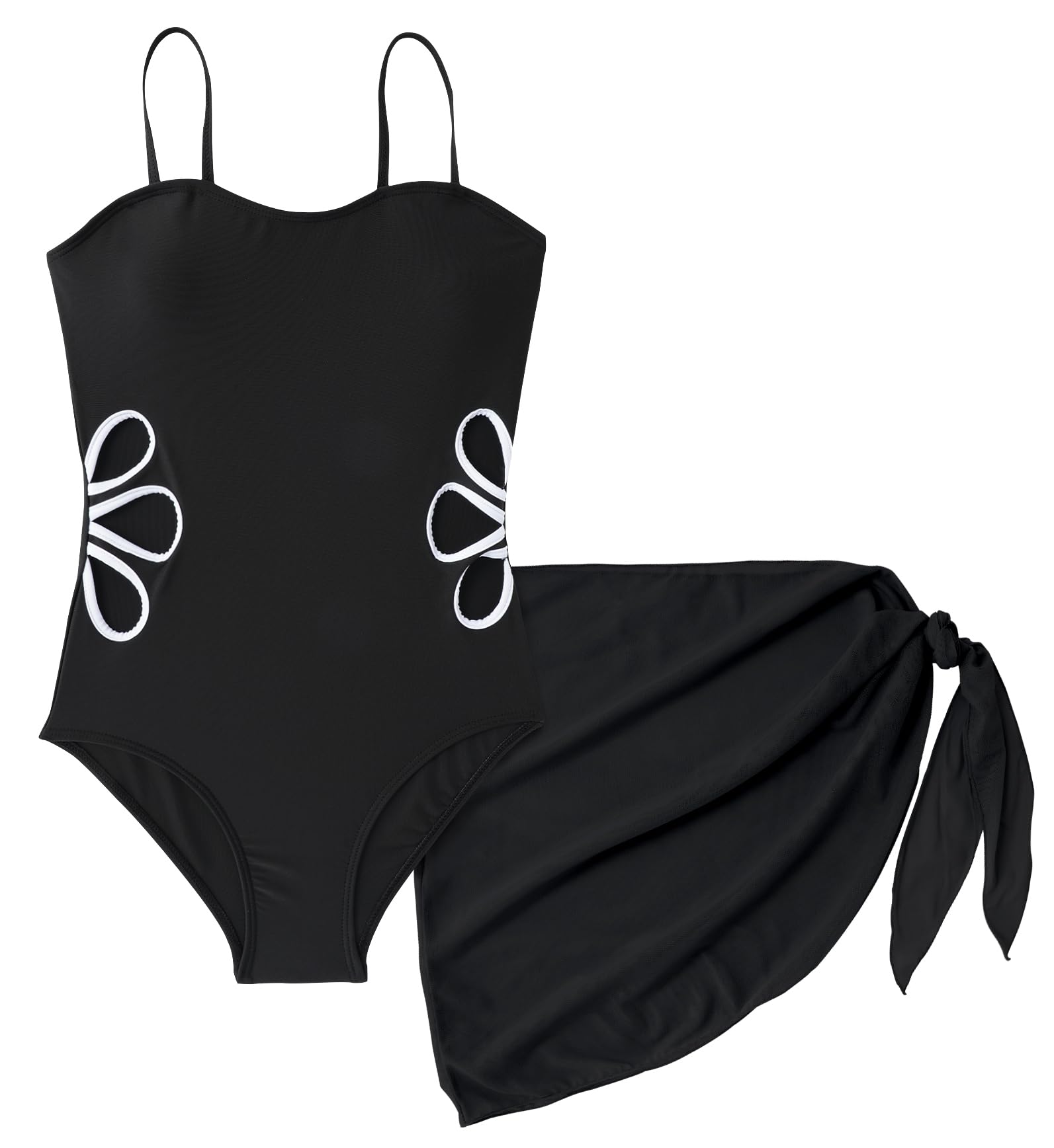 SEAUR Maillot de Bain Une Pièce Fille avec Jupe Maillot de Bain Set Enfant Fleurs Cut Out 7-16 Ans