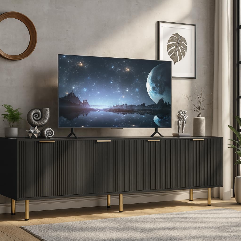 Black TV Stand for TVs up to 80 Inch,TV Stands for Living Room & Bedroom,Mid Century Modern TV Console,Entertainment Center with Storage,Entertainment